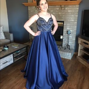Navy blue sequined prom dress